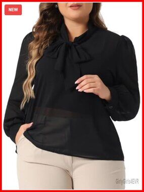 Plus Size Sheer Chiffon Blouse Bow Tie Neck Long Sleeve Dressy Top